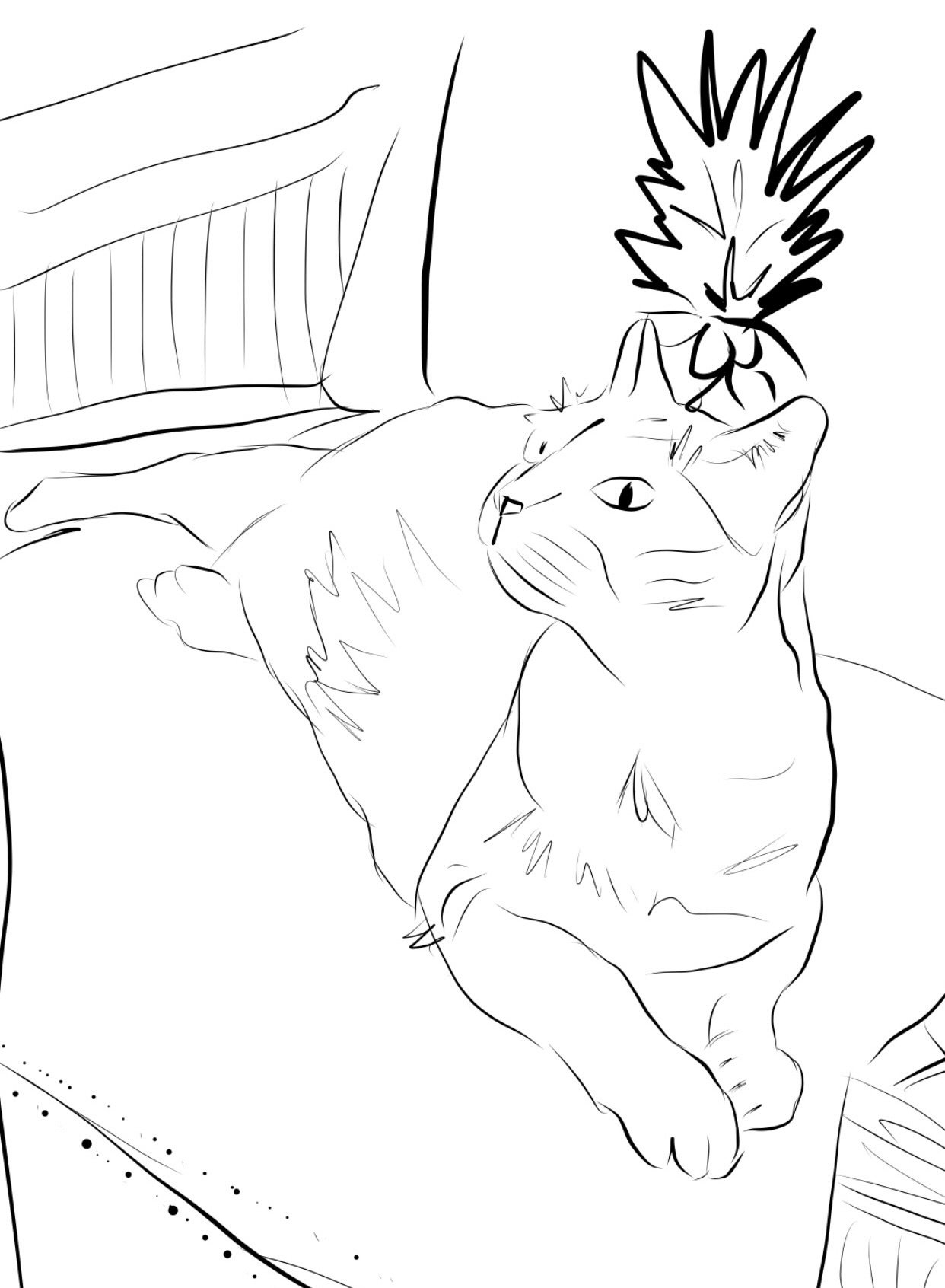 Line drawing of a cat lying on a surface, with a plant in the background.